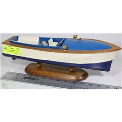 LARGE PAINTED WOOD BOAT ON DISPLAY STAND (16"X4.5