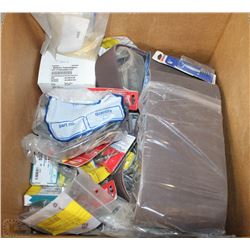 BOX OF ASSORTED SAND PAPER, DRILL BITS, FASTENERS,