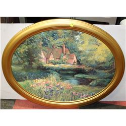 COTTAGE COUNTRY SCENE IN ANTIQUE STYLE OVAL FRAME