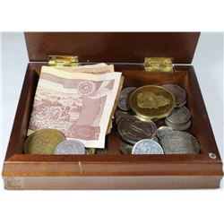 WOODEN BOX OF COINS, PENCES, PASOS, AND MORE