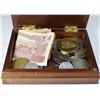 Image 1 : WOODEN BOX OF COINS, PENCES, PASOS, AND MORE