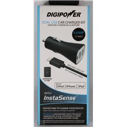 DIGIPOWER DUAL USB CAR CHARGER KIT FOR IPHONE