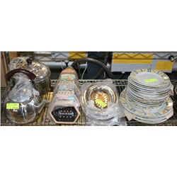 LARGE LOT WITH TEA KETTLE POT ASSORTED PLATES AND