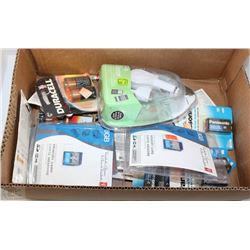 BOX OF ASSORTED BATTERIES CHARGERS AND MEMORY