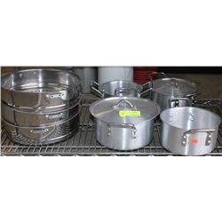 ASSORTMENT OF ALUMINUM COOKWARE AND S/S STRAINERS