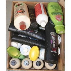 BOX OF ASSORTED SHAMPOOS , SHOWER GEL