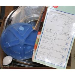 LARGE BOX OF ASSORTED THERMOS UTENSILS LIDS ETC.