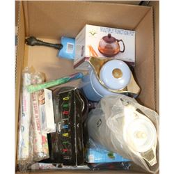 BOX OF VACUUM FLASKS AND TEA POTS