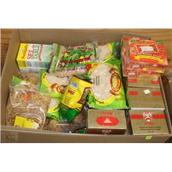 LARGE BOX OF TEAS , GUM , WHEAT , TABLE SALT ETC.