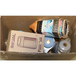 BOX OF VACUUM FLASKS FOOD JARS GRADERS ETC.