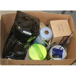 BOX W/THREE VACUUM FLASKS , KNIFE , COFFEE MAKER