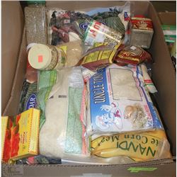BOX OF CORN MEAL LENTILS RICE SPICE AND MORE