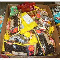 BOX OF RAISINS, CANDY, SARDINES, DATES AND MORE