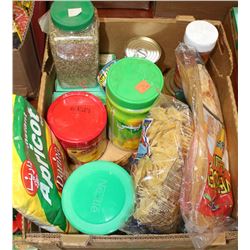 BOX OF PASTA, POWDER DRINK, TUNA, JAMS AND MORE