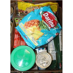 BOX OF JUICE CRYSTAL PASTA TUNA SARDINES RAISINS