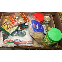 BOX OF BARLEY PASTA RICE SPICES TUNA  AND MORE