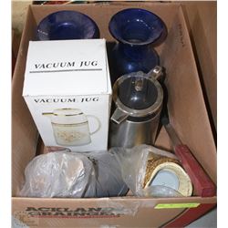 BOX WITH 2 GLASS VASES 3 VACUUM JUGS KNIFE ETC.