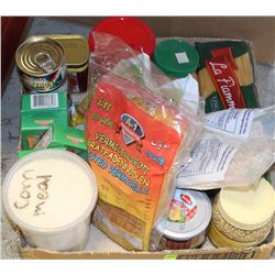 BOX OF SPICES PASTA BARLEY JUICE CRYSTAL ETC.