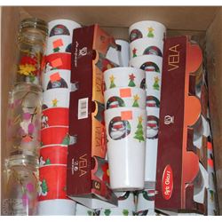 LARGE BOX OF ASSORTED GLASSWARE AND MALAMINE CUPS