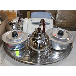 LARGE TRAY WITH KETTLES POTS AND FAX MACHINE
