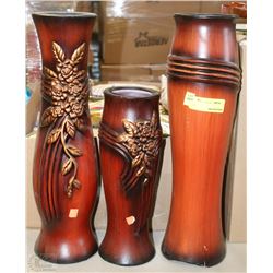 TWO LARGE AND 1 SMALL WOOD TONE VASES
