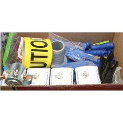 BOX OF SOLENOIDS, CLIPS, HANDLES, CAUTION TAPE,