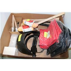 BOX OF ASSORTED BRUSHES, HARD HAT LINERS, SPONGE,