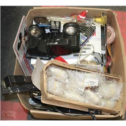 BOX FULL OF MISC ITEMS INCL ORNAMENTS, BATTERIES,