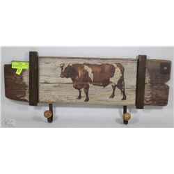 RECLAIMED WOOD STYLE COAT RACK WITH FARM COW