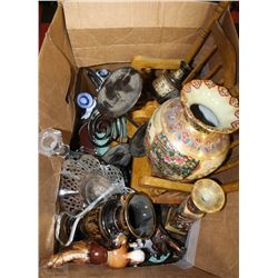 BOX OF ASSORTED DECORATIVE ITEMS INCL VASES, HORSE