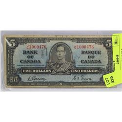 1937 CANADIAN $5.00 BILL