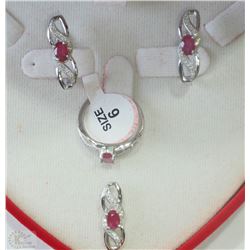 #30-ST SILVER RUBY EARRINGS, RING & NECKLACE SET