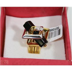 NEW FASHION DESIGNER TWO TONE RING W/ BLACK STONE