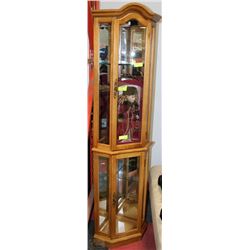 CORNER OAK CURIO CABINET WITH 4 SHELVES,DOUBLE