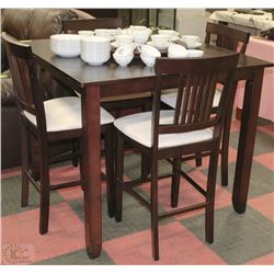 DARK BROWN TABLE &4 CHAIRS WITH WHITE CLOTH SEATS