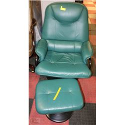 GREEN LEATHER CHAIR WITH MATCHING LEATHER OTTOMAN
