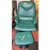 Image 1 : GREEN LEATHER CHAIR WITH MATCHING LEATHER OTTOMAN