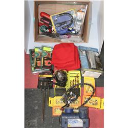 BOX OF MIS W/SHAKESPEARE FISHING REEL, RYOBI DRILL