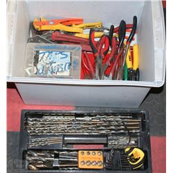 BOX OF TOOLS WITH BRAND NEW DRILL BIT SET