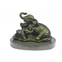 Elephant Mom With Two Cubs Bronze Sculpture on Marble Base Figurine