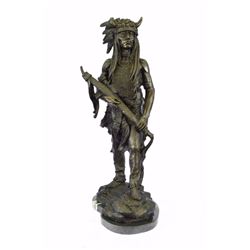 Native American Indian Chief Bronze Figurine on Marble Base Sculpture