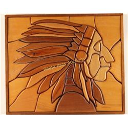 Inlaid Wood Portrait of Indian Chief