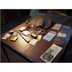 Leather Bag Full Of Misc, Old Maps, Pins, Pens, Rings, Texaco, Fish Hooks