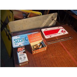 Misc Lot, Licence Plates, Champion Spark Plug Box With Contents, Gt Chrome Polish Tin