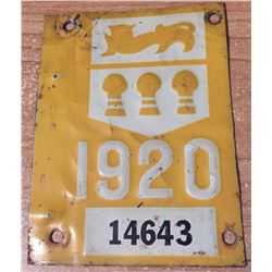 1920 Saskatchewan License Plate Tag