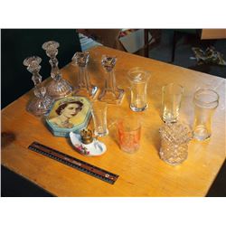 Assorted Glasses And Glass Candlestick Holder, Lamp, Tin