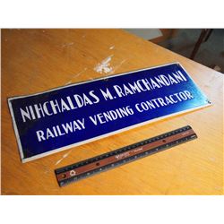 Railway Vending Contractor Porcelain Sign, Nihchaldas M. Ramchandani