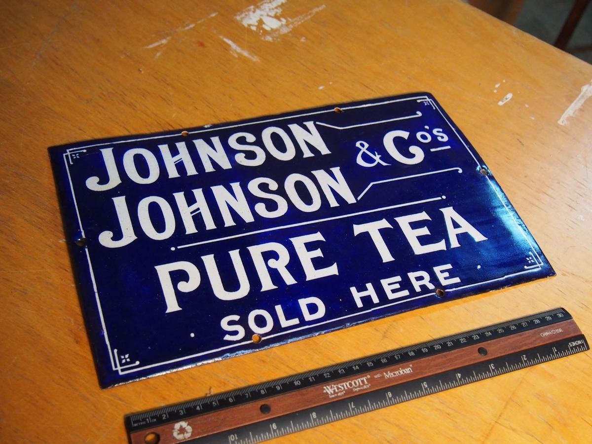 Johnson Tea Johnson & Johnson Co’s Pure Tea Porcelain Sign - Bodnarus Auctioneering