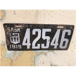 1919 Saskatchewan Porcelain Licence Plate