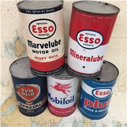 Lot Of Oil Quarts (5) (Esso, Mobiloil, Super RPM) All Empty